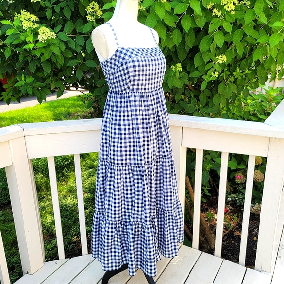 🆕️ J Crew Navy Gingham Cotton Maxi Tiered Dress - Picture 3 of 8